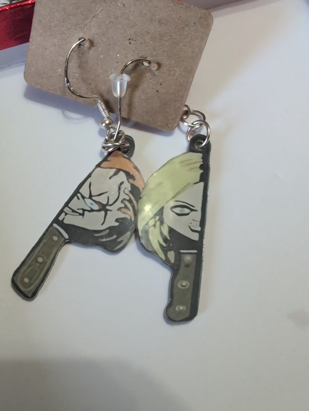 Novelty Cleaver Dangle Earrings in Beige and Black Halloween.Handmade
